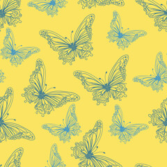 Leaves, butterflies and flowers. Hand-drawn graphics in beige shades. Seamless patterns for fabric and packaging design.
