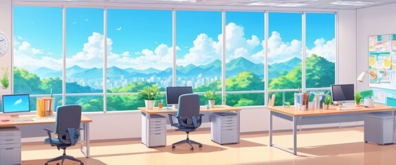 Illustration of office interior in anime style, peaceful landscape