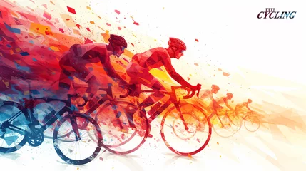 Fotobehang Bicycle racers competing on cycling championship. Cycle sports event, abstracrt style colorful © YauheniyaA