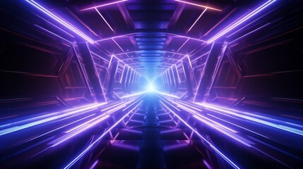 Abstract neon tunnel with fluorescent bright pink purple glow on a black background. Game room, virtual background.