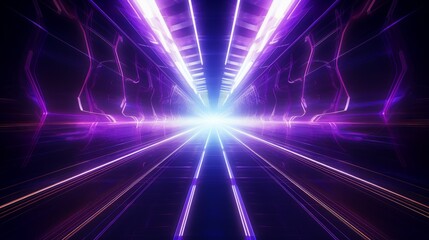 Abstract neon tunnel with fluorescent bright pink purple glow on a black background.