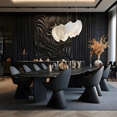 a dining room that doubles as a sculptural masterpiece. Picture matte black sculptural chairs around a custom-designed black marble dining table.