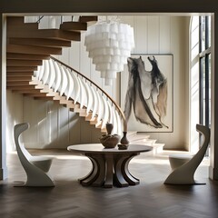a foyer where a sculptural staircase takes center stage. Picture a staircase with artistic and unconventional design elements