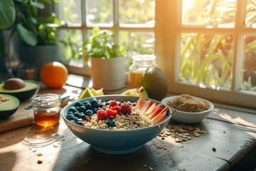 Quinoa fruit bowl on a wooden table in a bright kitchen with lush plants by the window