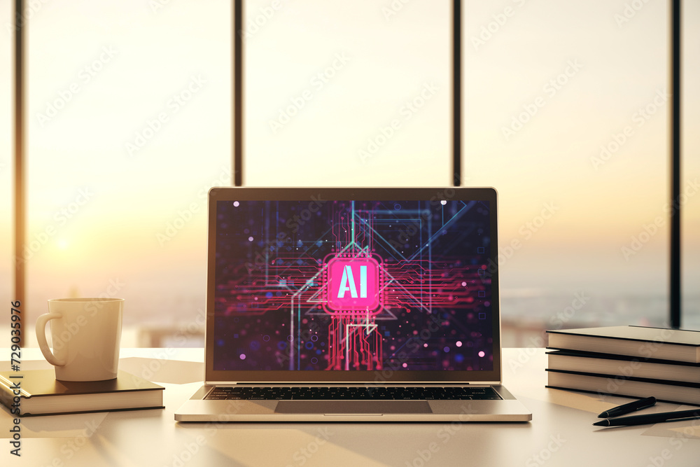 Poster Creative artificial Intelligence symbol concept on modern computer monitor. 3D Rendering