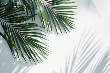 Top view of green tropical palm tree and shadow on white wall background, Minimal fashion summer holiday concept. Flat lay - obrazy, fototapety, plakaty