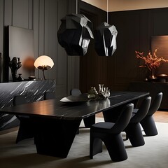 a dining room that doubles as a sculptural masterpiece. Picture matte black sculptural chairs around a custom-designed black marble dining table.
