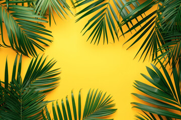 Fototapeta na wymiar Top view tropical palm tree leaves on yellow background, Minimal fashion summer holiday concept. Flat lay