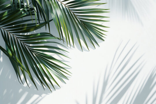 Top view of green tropical palm tree and shadow on white wall background, Minimal fashion summer holiday concept. Flat lay