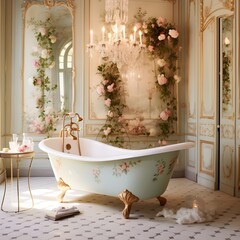 a fairytale-inspired bathroom with enchanting details. Picture a clawfoot bathtub, ornate mirrors, and soft drapery.