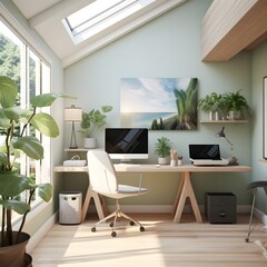 a home office that merges Zen tranquility with modern technology. Picture minimalist furniture, calming colors like soft greens and whites, and smart gadgets seamlessly integrated into the decor
