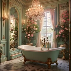 a fairytale-inspired bathroom with enchanting details. Picture a clawfoot bathtub, ornate mirrors, and soft drapery.
