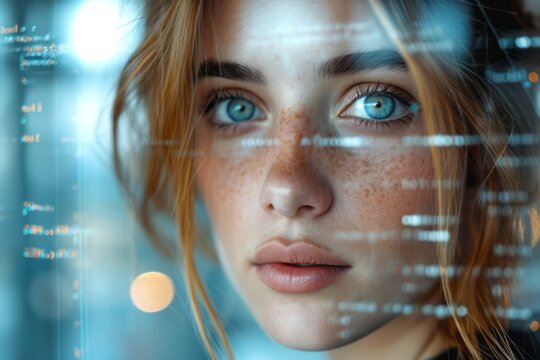 Close-up of a woman's face with digital data overlay