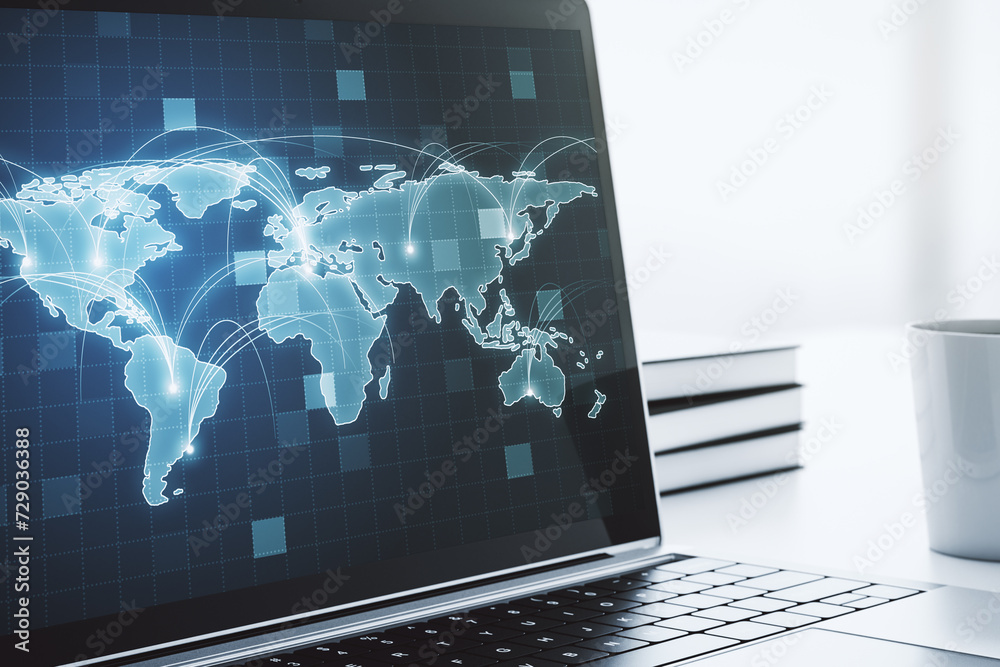 Fototapete computer monitor with abstract graphic digital world map with connections, globalization concept. 3d