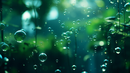 Bubbles underwater with bokeh effect. Background in green. AI generative