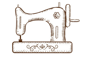 Vintage sewing machine for sew. Hand drawn in retro style. Design element.