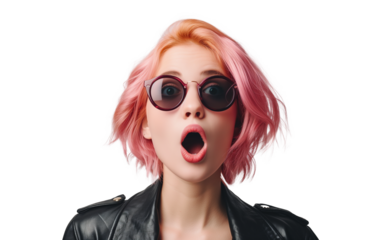 Pretty pink-haired girl in sunglasses surprised on transparent background