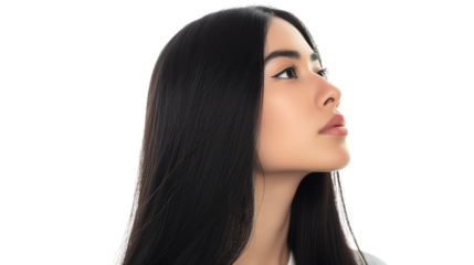 Asian woman with perfect clean healthy skin and beautiful long brown hair on transparent. Cute female model clean fresh skin. Cosmetology concept.