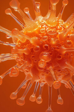 Close up of microscopic orange virus in scientific laboratory