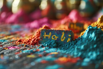 Textured Holi celebration with bold 'Holi' lettering on wood