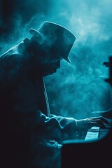 Mysterious jazz artist playing piano in a smoke-filled room with blue lighting