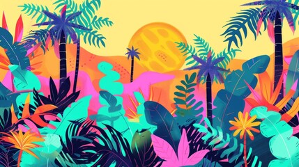 Fototapeta na wymiar Surreal Tropical Landscape with Neon Palms