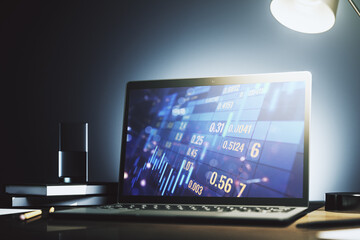 Abstract creative financial graph on modern laptop screen, forex and investment concept. 3D Rendering