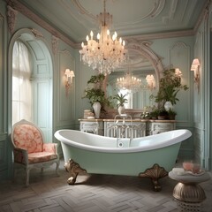 a fairytale-inspired bathroom with enchanting details. Picture a clawfoot bathtub, ornate mirrors, and soft drapery.