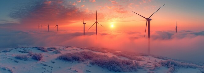 Sunrise over frost-covered terrain photographed from above with wind turbines