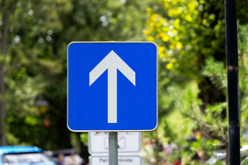 Close-up of blue and white one way road sign with arrow and car parking of castle at Slovenian City...