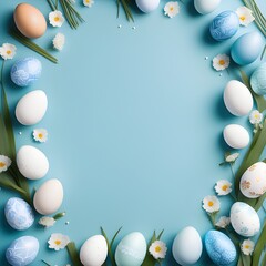 Naklejka na ściany i meble a blue background with a circular arrangement of same size Easter eggs, and flowers, plants. There are various patterns on the egg with acrylic paint. The center is empty for the text space