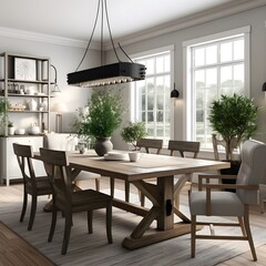 a farmhouse-inspired dining room with a contemporary twist. Picture a farmhouse table, modern chairs, and industrial lighting