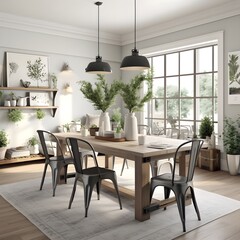a farmhouse-inspired dining room with a contemporary twist. Picture a farmhouse table, modern chairs, and industrial lighting