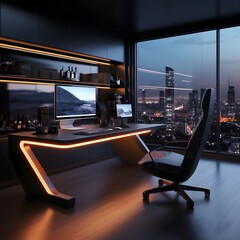 a home office inspired by futuristic technology and monolithic design. Picture floor-to-ceiling matte black walls, creating a seamless and immersive environment