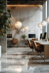 Modern office space with sleek marble finish and stylish furniture