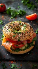 Sesame bagel with smoked salmon, fresh vegetables, and herbs