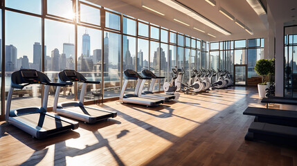 High-end fitness studio with a state-of-the-art treadmill, bright natural light, and a city skyline view