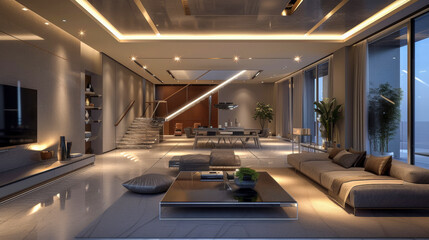 Illuminated interior of beautiful modern apartment
