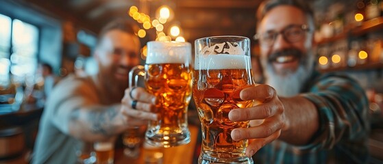 Best pals together, sipping beer and chit-chatting in a city pub - obrazy, fototapety, plakaty