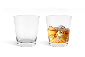 Empty and full whiskey glass, transparent background