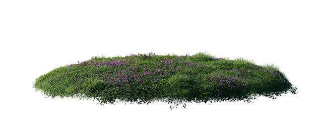 Round surface patch covered with flowers, green or dry grass isolated on white background. Realistic natural element for design. Bright 3d illustration.