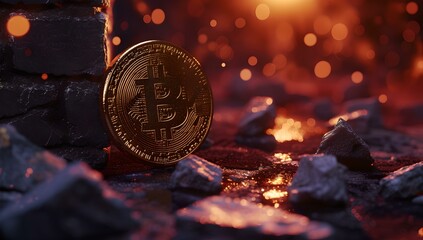 Gleaming bitcoin on charred ground with glowing embers. conceptual cryptocurrency image. financial investment representation. AI - obrazy, fototapety, plakaty