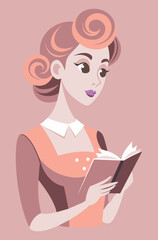 Fototapeta na wymiar Woman holds book in her hands - stylized retro style drawing
