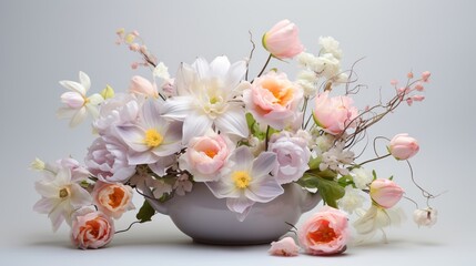 Pastel Easter arrangement with eggs and soft-hued spring flowers