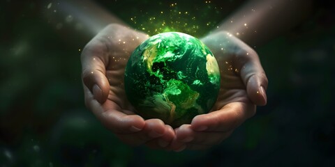 Glowing earth in human hands illustrating ecology and care. a conceptual environmental protection image. artistic representation of sustainability. AI