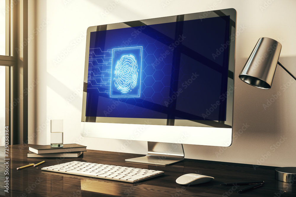 Aufkleber Computer monitor with abstract creative fingerprint illustration, personal biometric data concept. 3D Rendering
