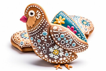 Beautiful Easter gingerbread with icing in shape of chick on a white background, Easter cookies