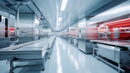 Clean industrial meat plant with metallic surfaces and precise layout