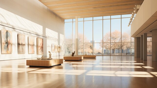 Open art museum space, with a minimalist watercolor approach, soft light and natural color palette
