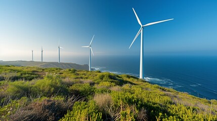 Wind turbines standing on a coastal hillside, clean energy and sustainable environmental practices,Suitable for content on renewable energy, environmental conservation, or green technology advancement